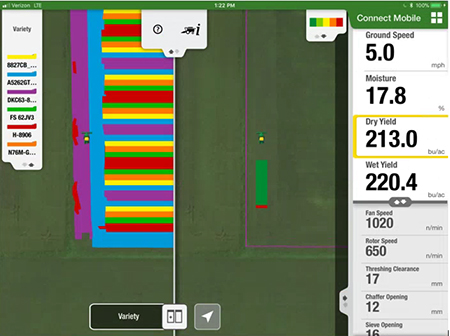Connect Mobile split-screen view lets users compare a previous planting layer with current harvest layer, giving the operator instant understanding of variety performance