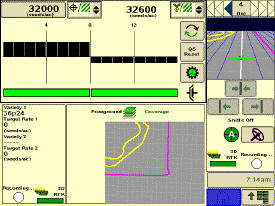 Страница управления сеялкой точного высева в режиме половинного экрана (система SeedStar 2)