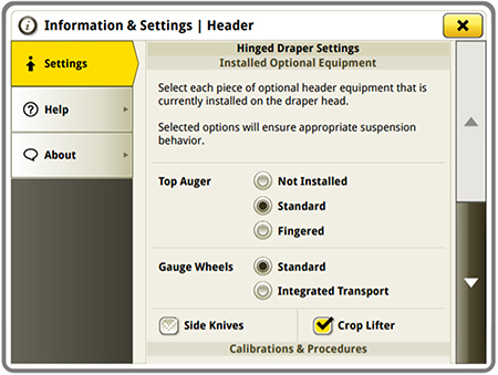 Configure optional equipment in the Installed Optional Equipment screen