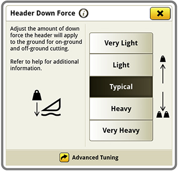 Header down force settings on display