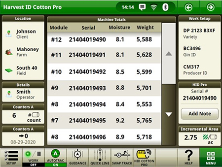 Harvest Identification, Cotton Pro run page
