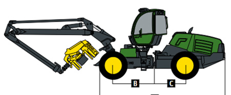 Diagram of a 1070G Wheeled Harvester with 4-wheel configuration