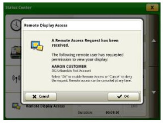 Solicitud de acceso remoto en la pantalla de la maquinaria