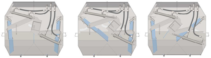 Mecanismo de portón de alimentación doble con modo de ancho total (izquierda), solo lado derecho (medio) y solo lado izquierdo (derecha)