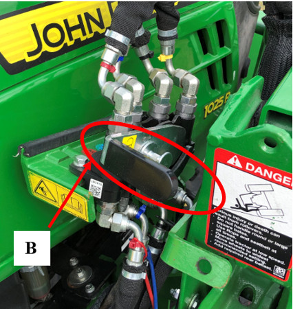 Single-point hydraulic system fully installed with handle in locked position â€“ loader half release/locking handle (B)