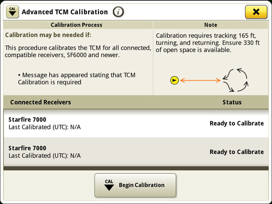 Página de calibração avançada do TCM no monitor