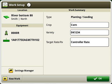 Accédez au Setting Manager (Gestionnaire des réglages) dans l’écran Work Setup (Configuration du travail)