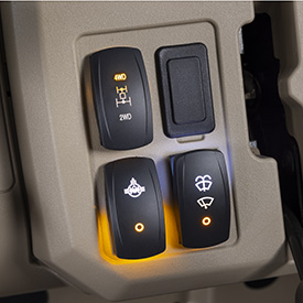 Dash mounted four-wheel drive and rear differential lock switches (shown on U.S. model)