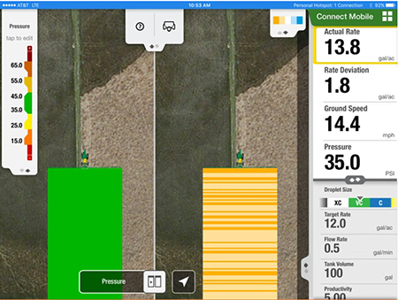Connect Mobile actual rate map and pressure map in split-screen view gives the operator deeper understanding of machine performance