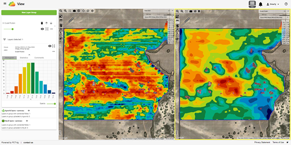 PCT Agcloud map shows a yield map (left) and protein map (right) that was shared through an API with John Deere Operations Center