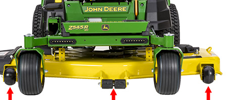 Right and left mower anti-scalp wheel and center rollers