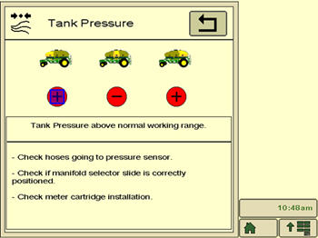 Tank pressure screen – plus indicates too much product