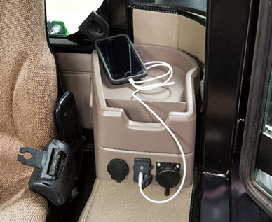 Cab storage and charging ports