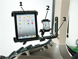 BRE10255 tablet mount assembly (1), BRE10015 cell phone mount assembly (2), and RE343680 L-shaped mounting bracket (3)