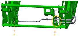Posições de bloqueio da alfaia (1, 2) e o botão de acionamento do sistema de acoplamento automático das alfaias (AIL) (2)